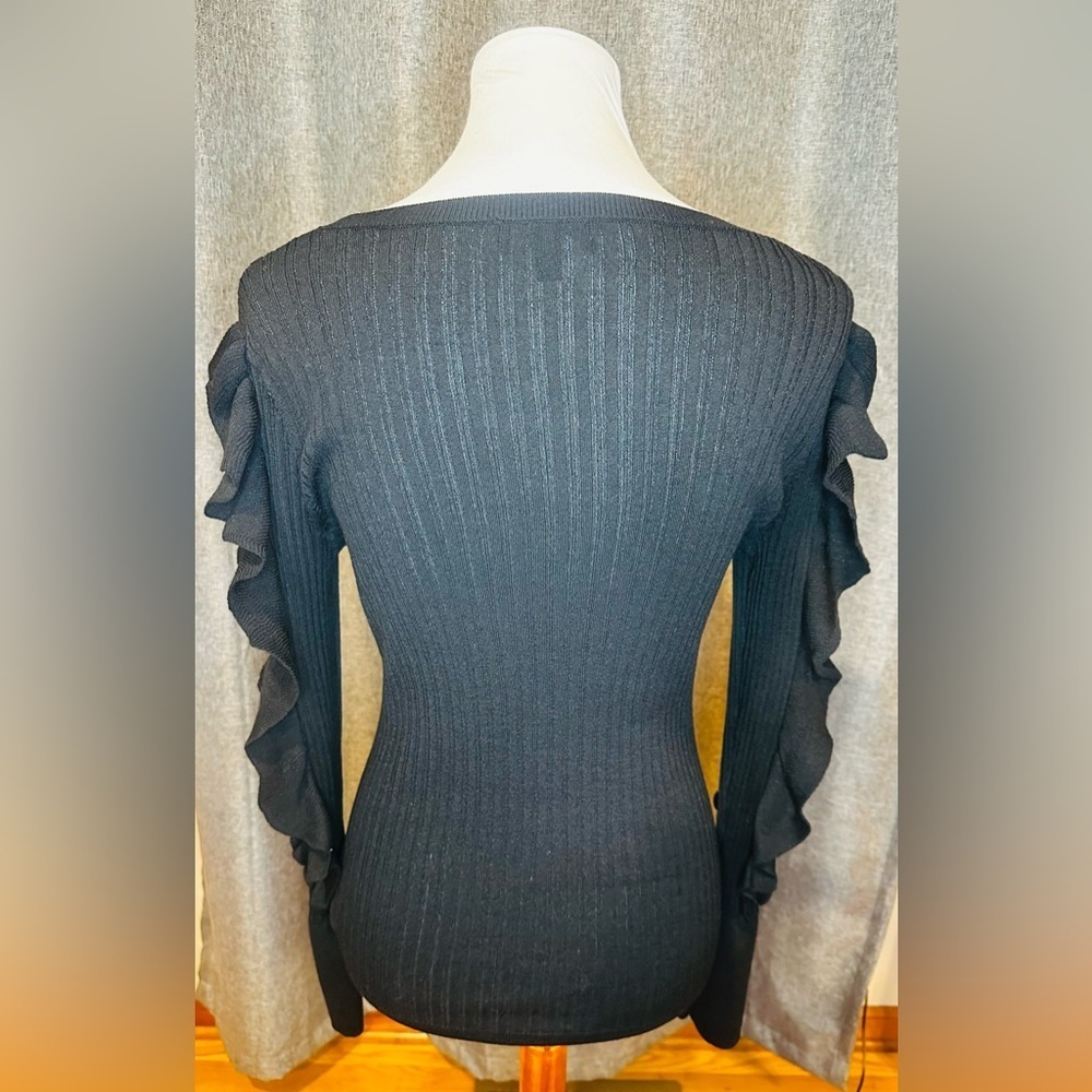 Express Black Ribbed Knit Ruffle Sleeve Top Size Small - Picture 5 of 11